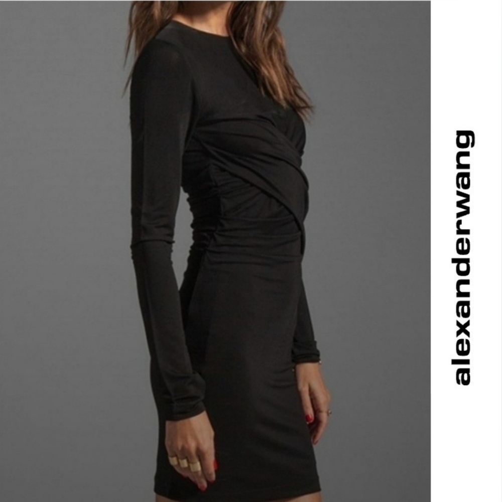 {T BY ALEXANDER WANG} Pique Mesh Long Sleeve Twisted Dress Black (Small)